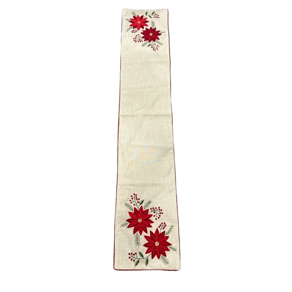 Sleigh Hill Holiday Christmas Red  Flower Holly Beige Gold Sparkly Table Runner - Picture 1 of 4